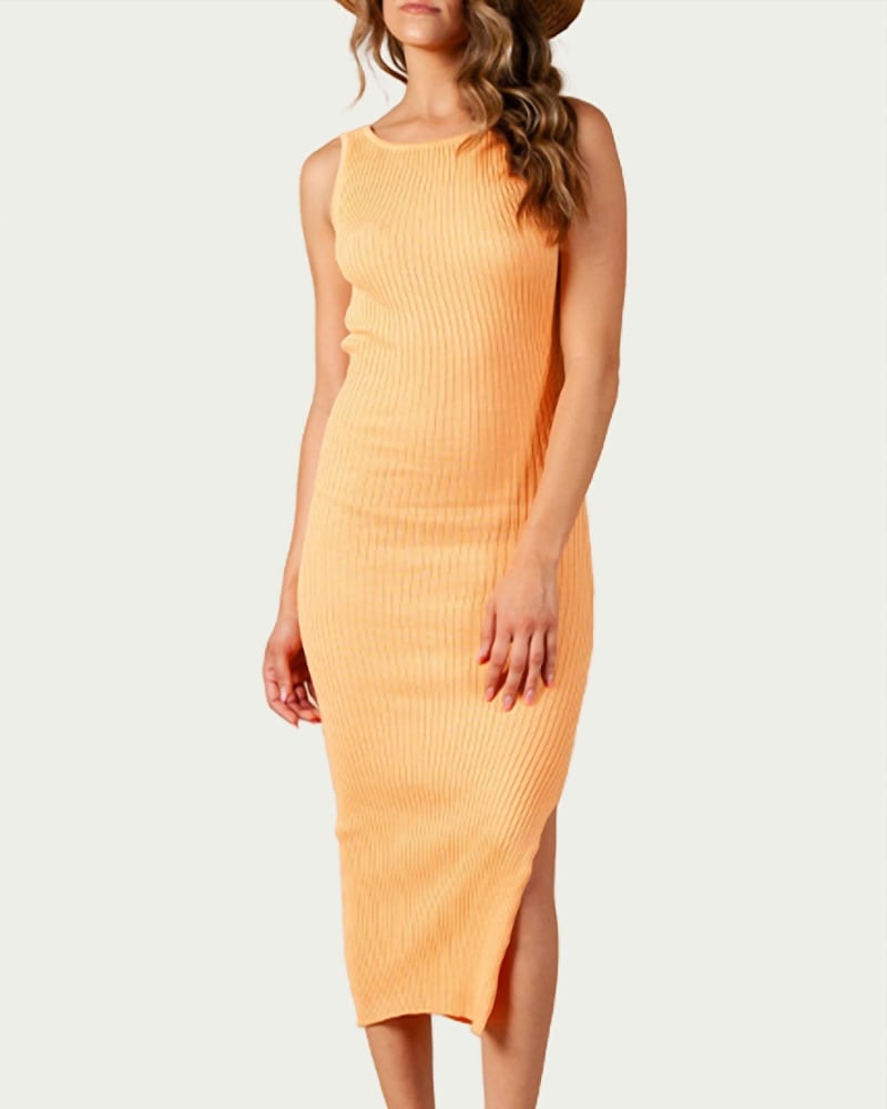 Front of a model wearing a size L Amaryllis Open-Back Ribbed Knit Midi Dress in Apricot in Apricot by LUCCA. | dia_product_style_image_id:339173